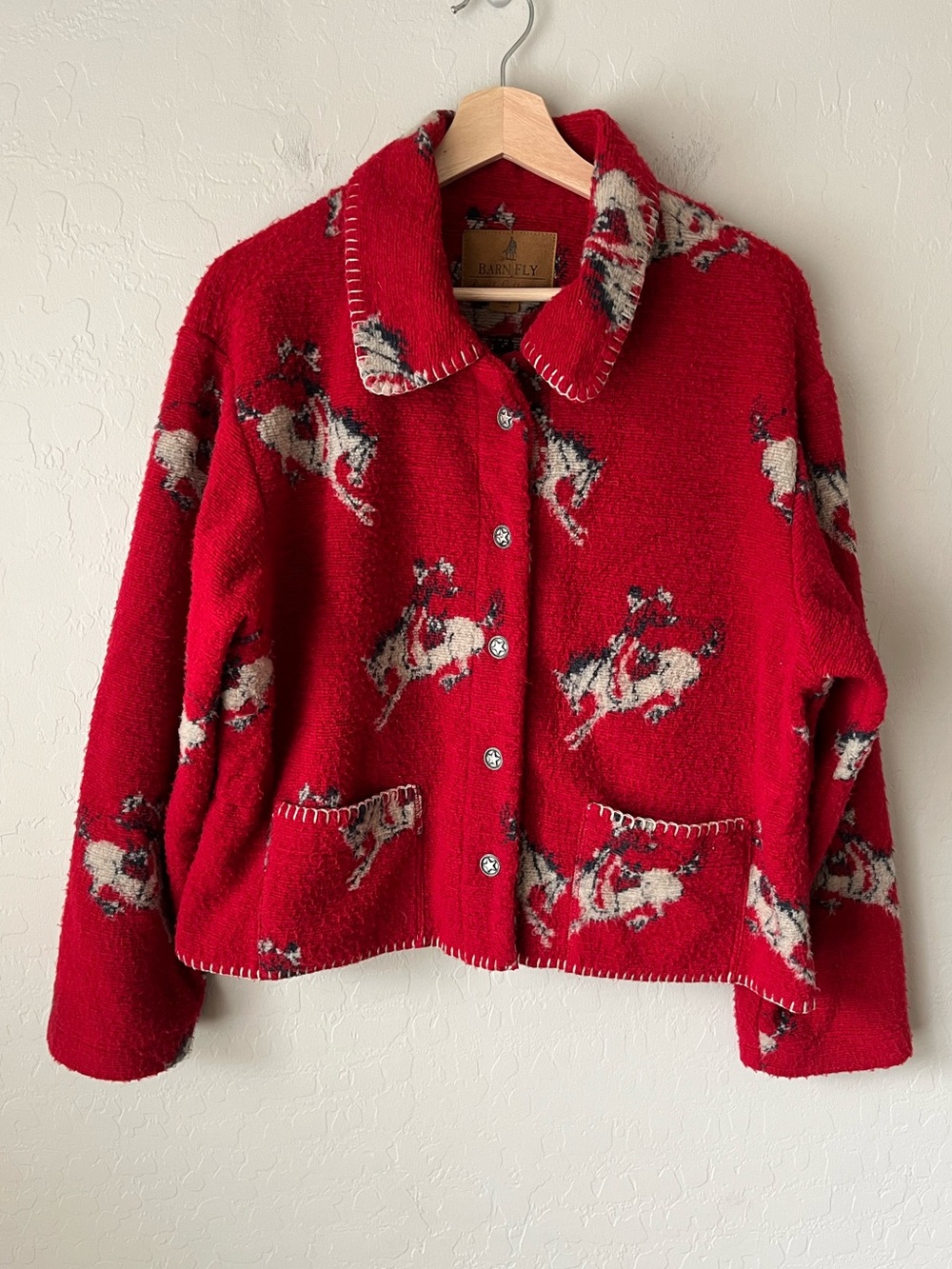 Barn Fly Vintage Western Cowboy Print Fleece Crop Blazer Jacket Size XL